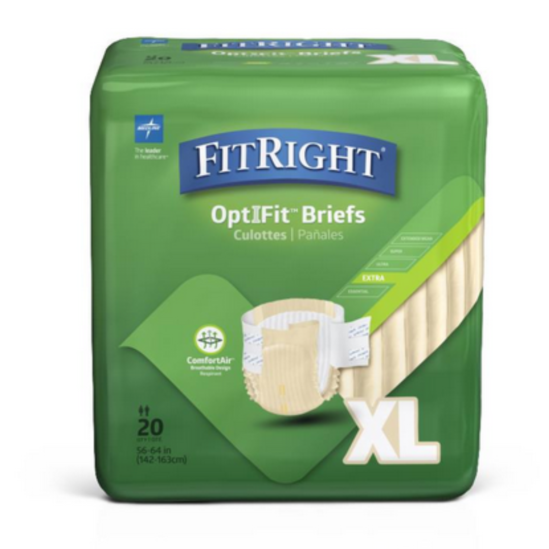 A green package of FitRight Unisex Extra Incontinence Briefs in size XL, suitable for waist sizes 56-64 inches (142-163 cm), contains 20 moderate absorbency briefs featuring ComfortAir technology and odor control for comfort and freshness.